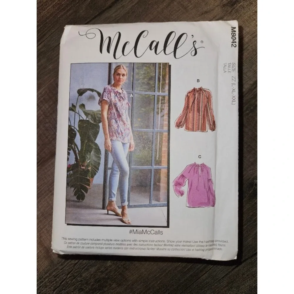 McCalls M8042 Misses Tops Sewing Pattern Raglan Sleeve Tie Neck Uncut Size L-XXL